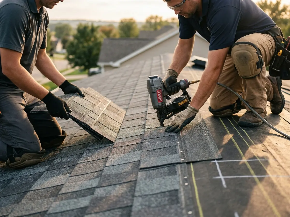 Professional roofer working on a residential roof in Cherokee